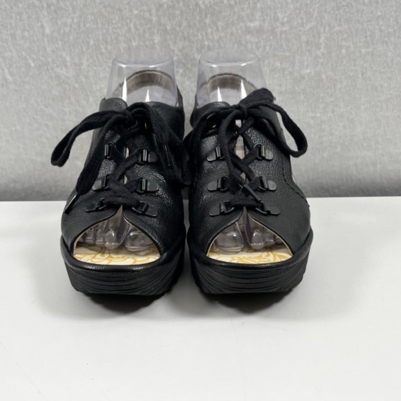 Fly London Ylfa Black Leather Lace Up Wedge Sandals Size 38 US 7.5/8 - Picture 2 of 9